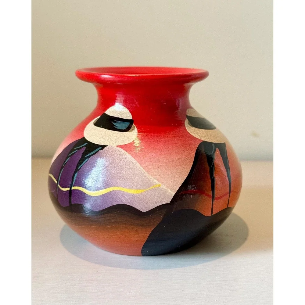 Vintage Peruvian Hand-Painted Bud Vase | Folk Art Terracotta Clay Pot | Signed